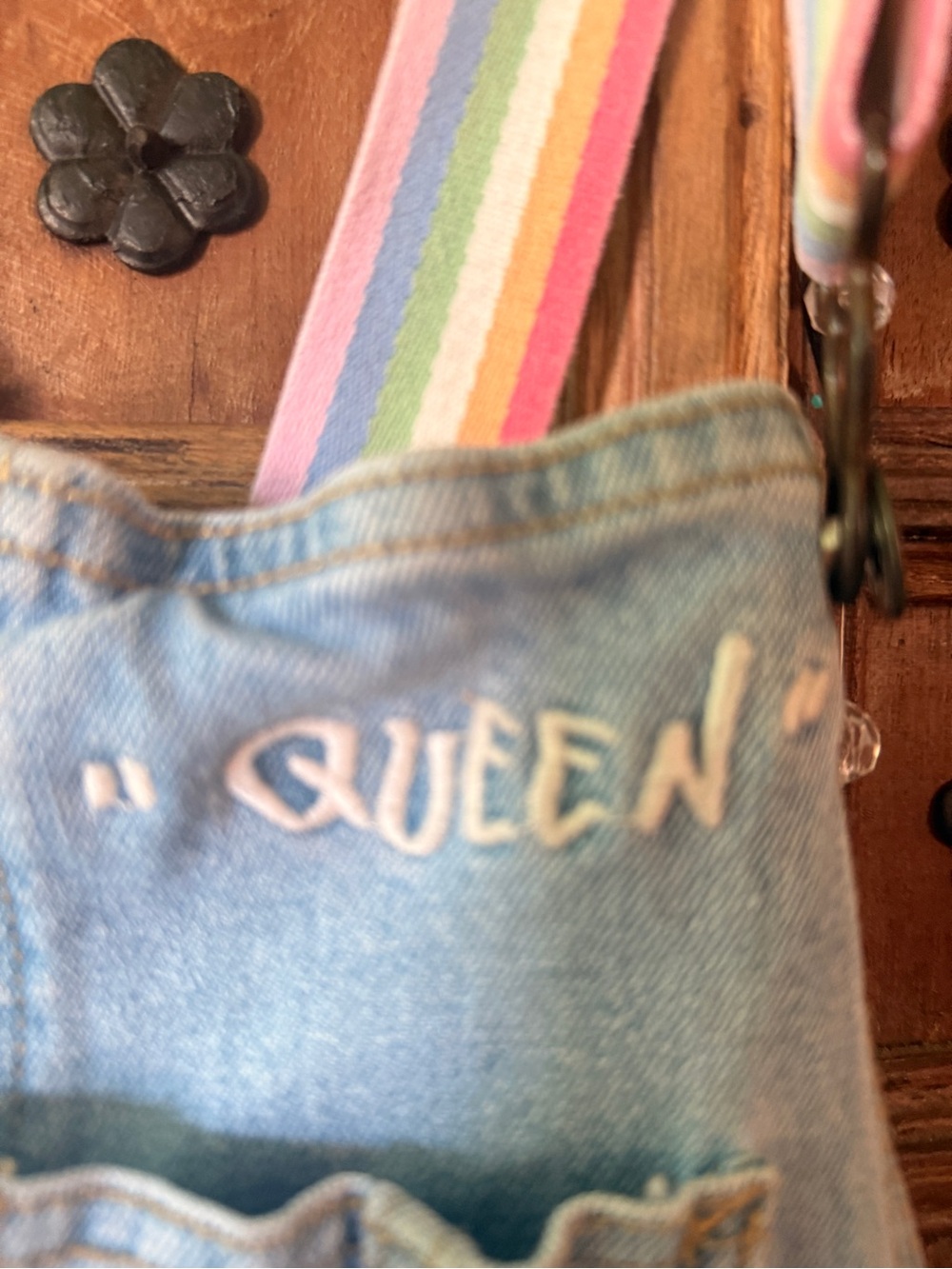 vintage Light Blue Denim Short Overalls with Rainbow Straps - Picture 3 of 6